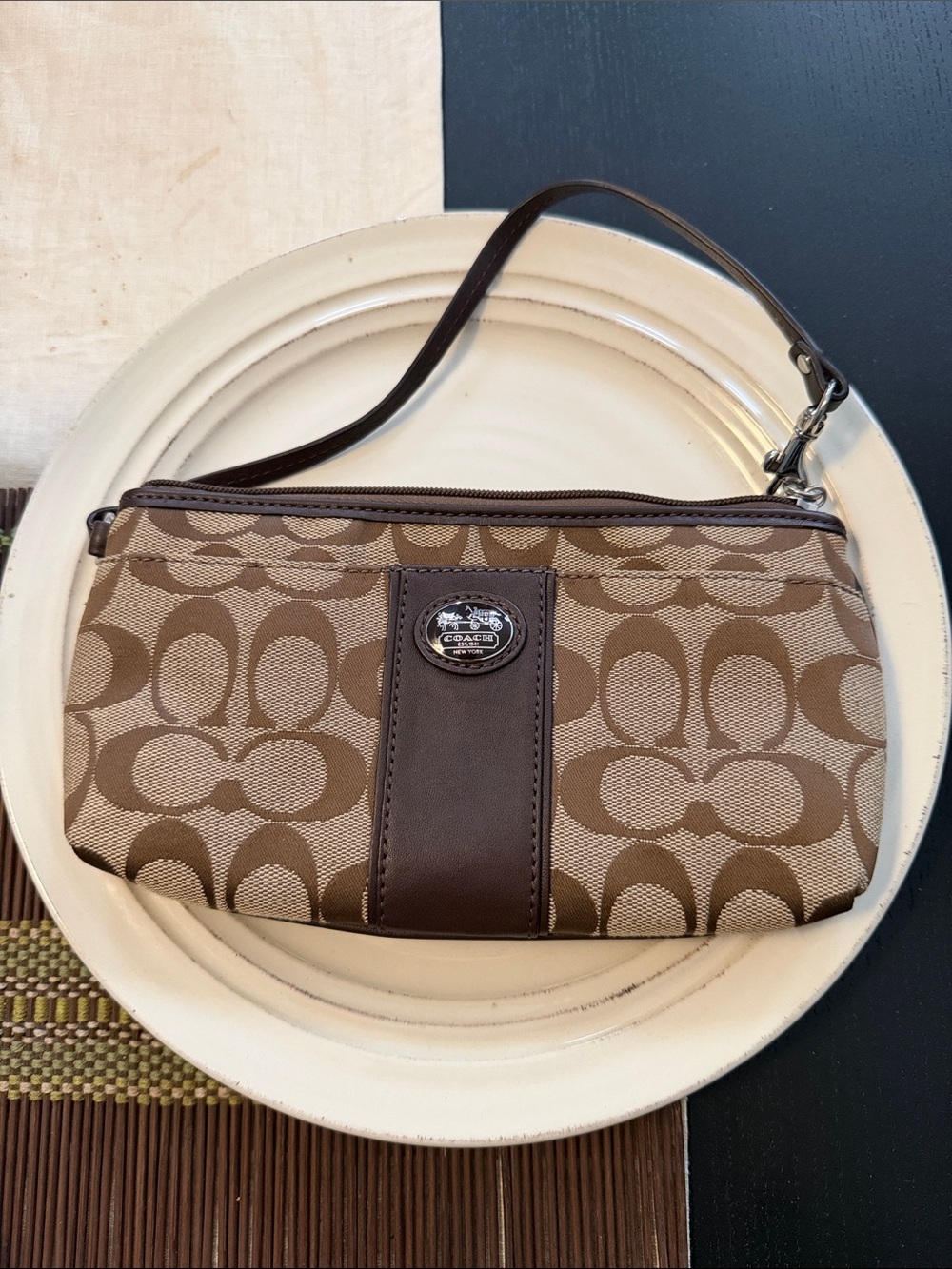 Coach Brown Signature Canvas Wristlet with Leather Trim